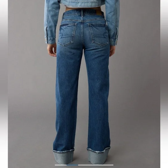 AE Stretch High-Waisted Stovepipe Cuffed Denim Jean Wide Leg Medium Wash 0R - Picture 2 of 16